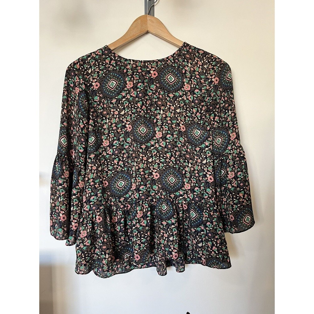 J Crew Factory Navy Floral Boho Bell Sleeve Peplum Blouse Size XXS